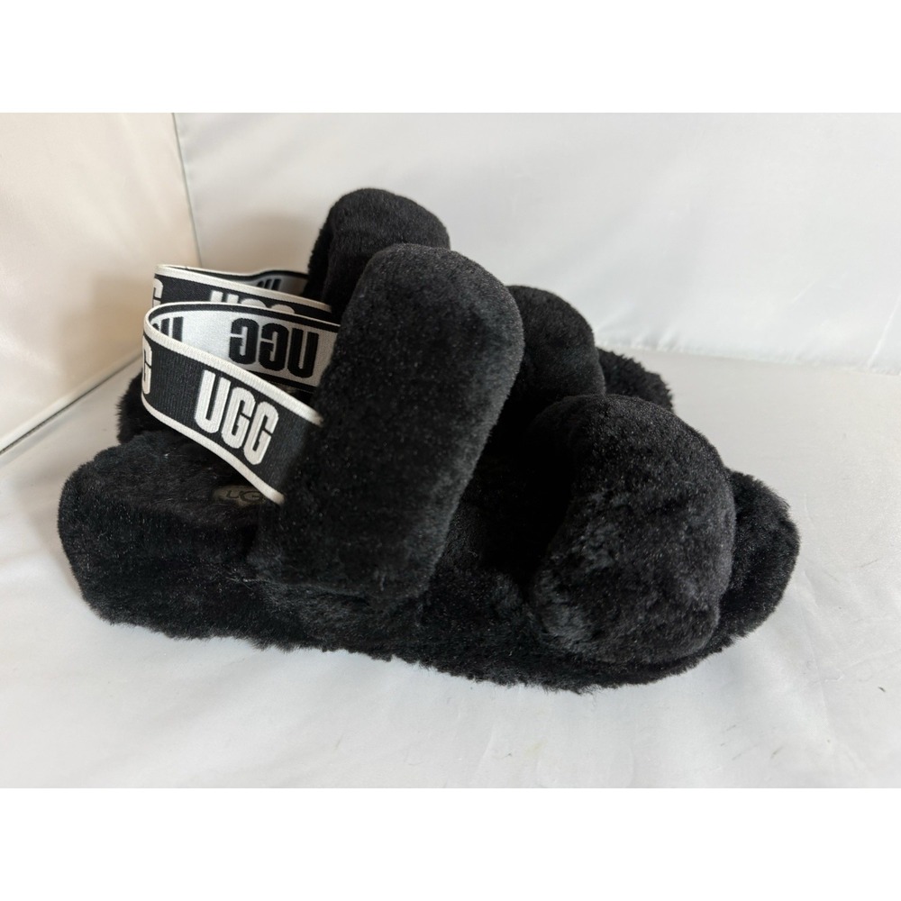 Ugg Oh Yeah Fluffy Slippers Black Slip On Strap Comfortable Cozy Women's Size 8